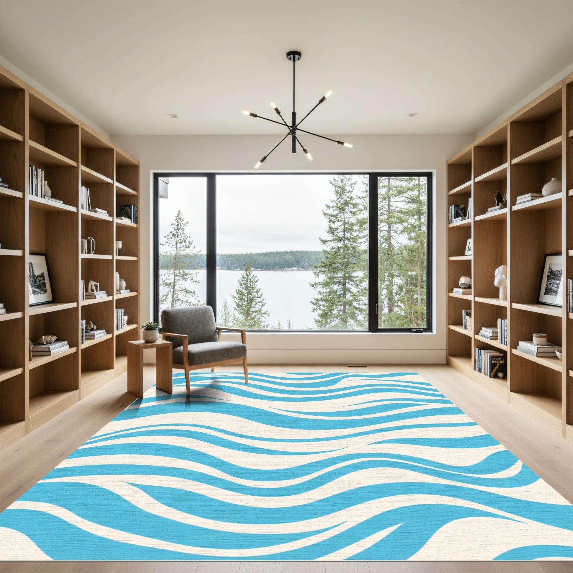 Aqua Cream Wavy Stripe Art Rug