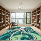 White Octopus Swirls Teal Abstract Rug
