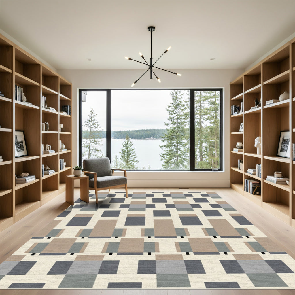 Geometric Squares Neutral Tones Composition Rug