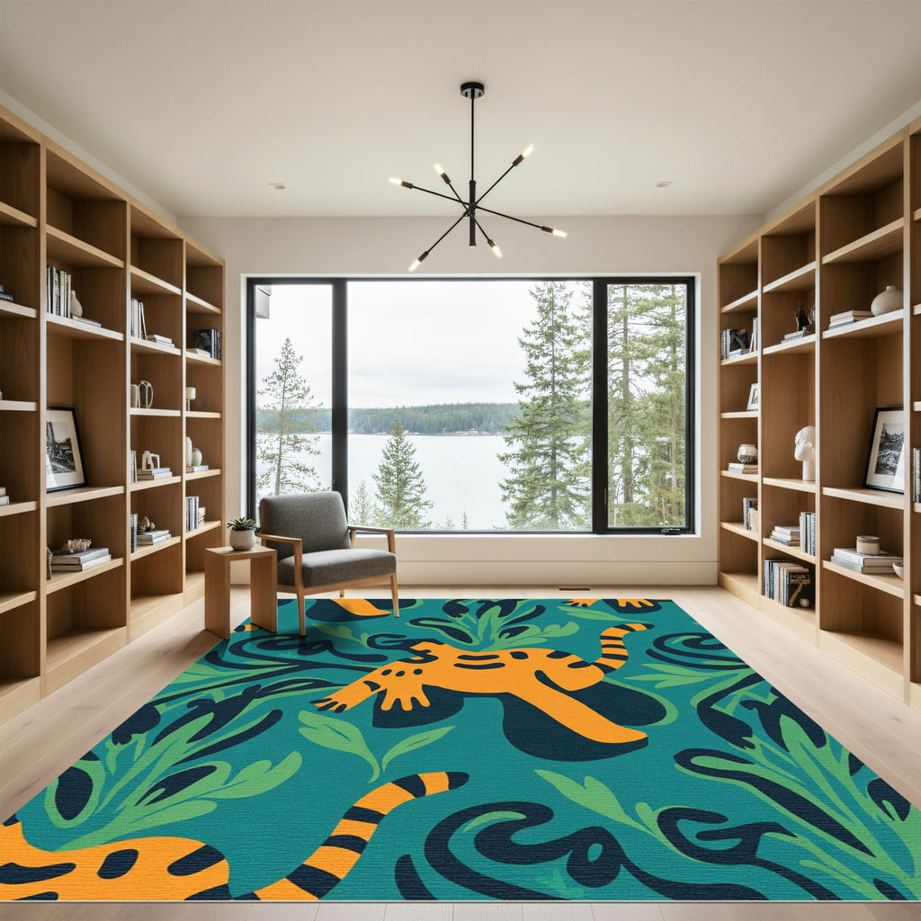 Orange Tiger Jungle Leaf Print Rug