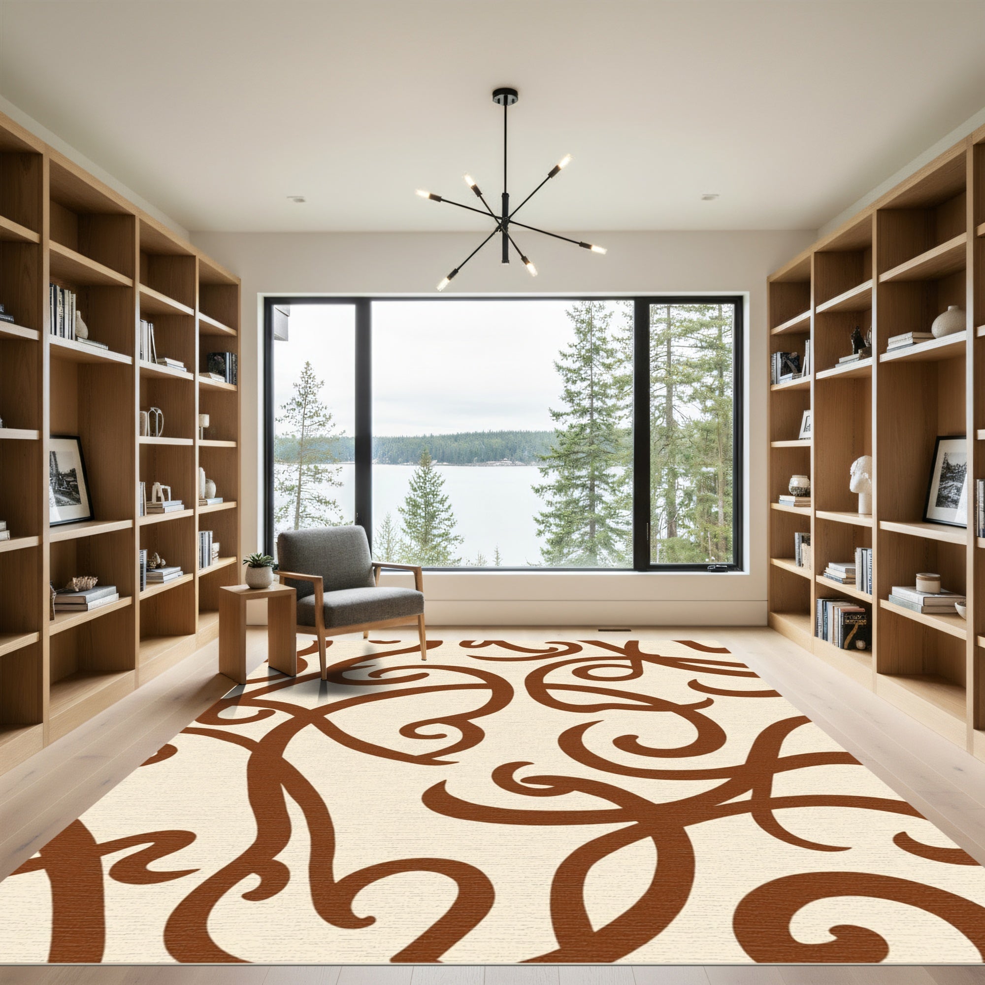 Brown Curlicue Swirls on Cream Background Rug