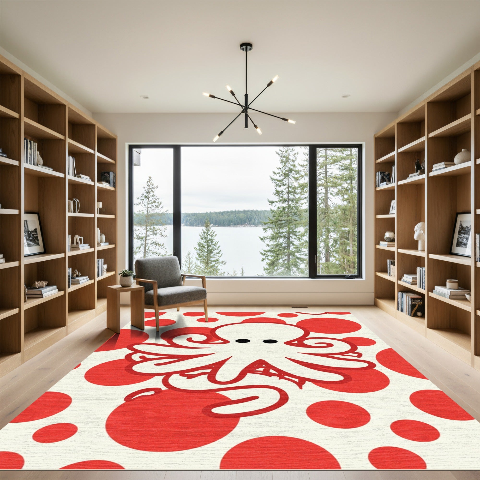 Animated Red Octopus Polka Dot Area Rug