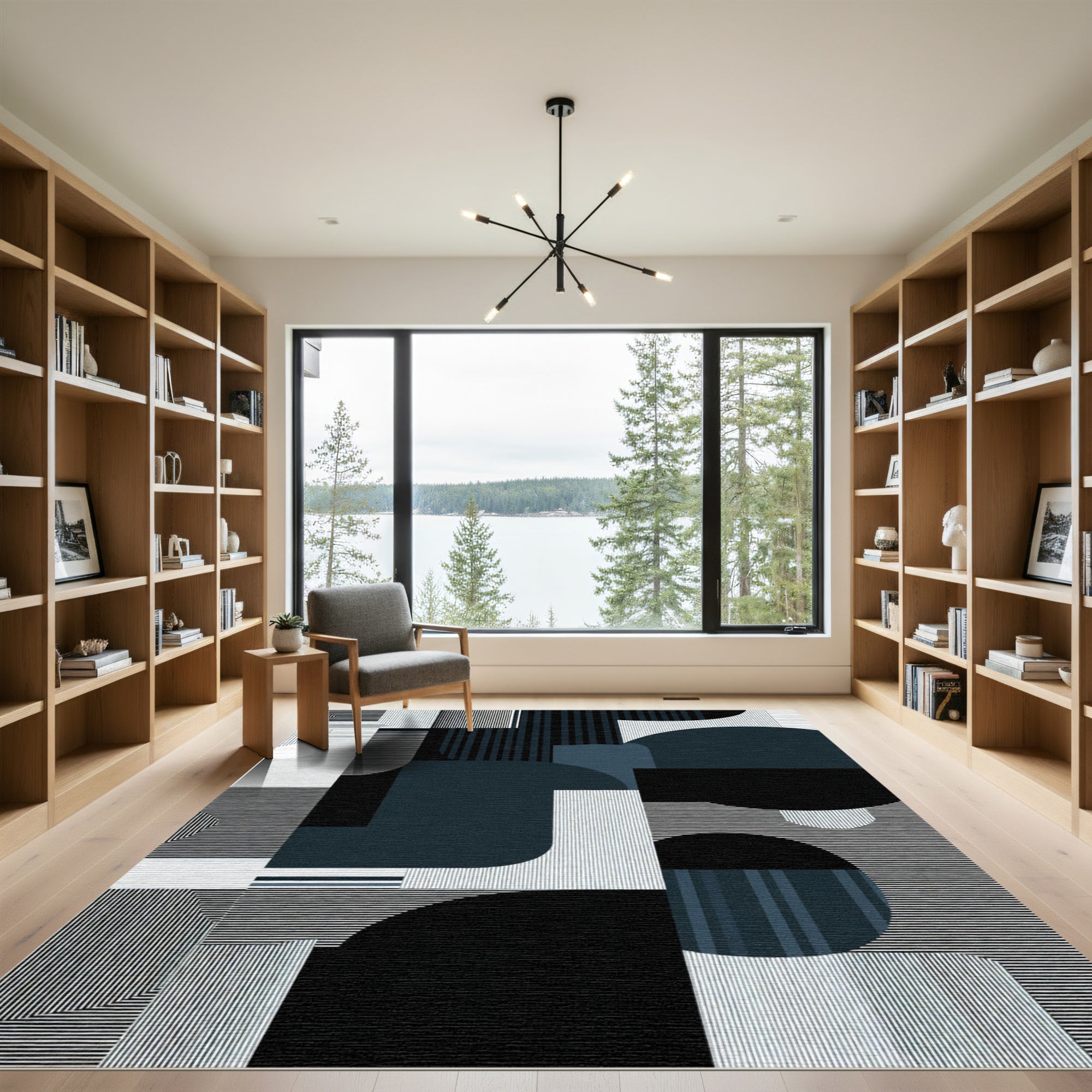 Modern Geometric Abstract Navy Circles Rug