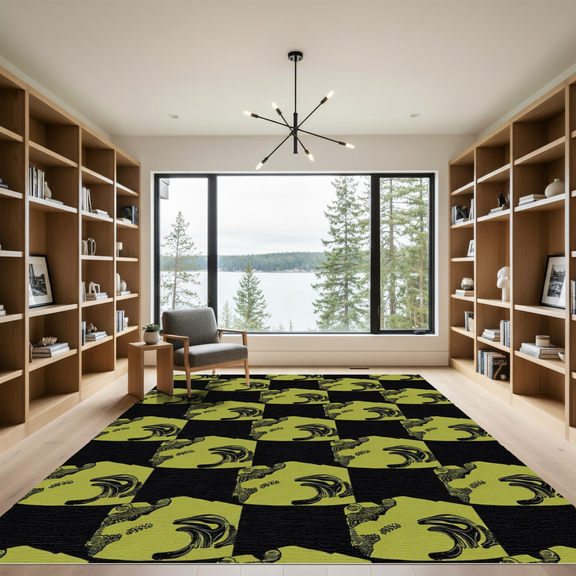 Olive Green Abstract Swirl Composition Rug