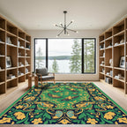 Green Yellow Birds Floral Border Rug