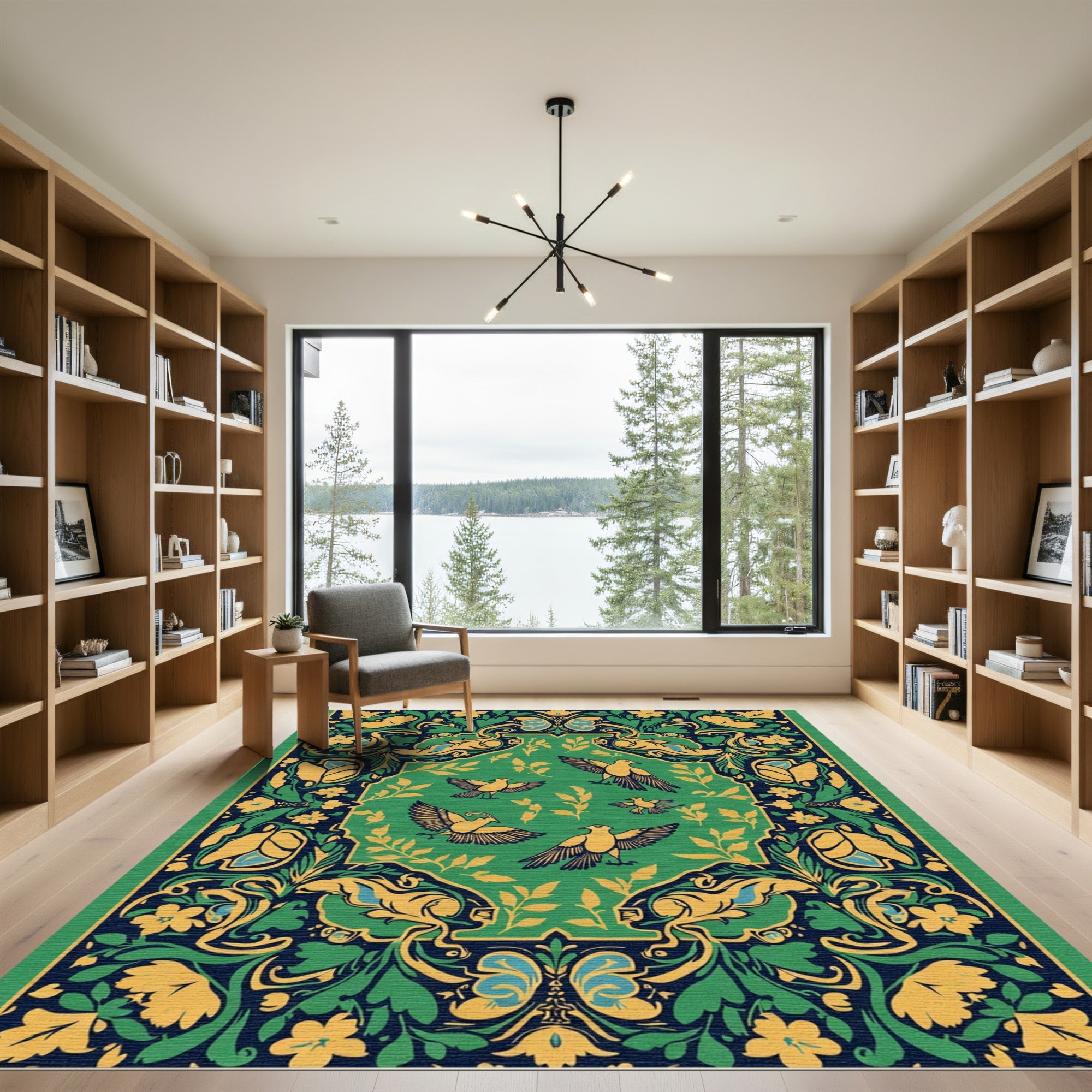 Green Yellow Birds Floral Border Rug
