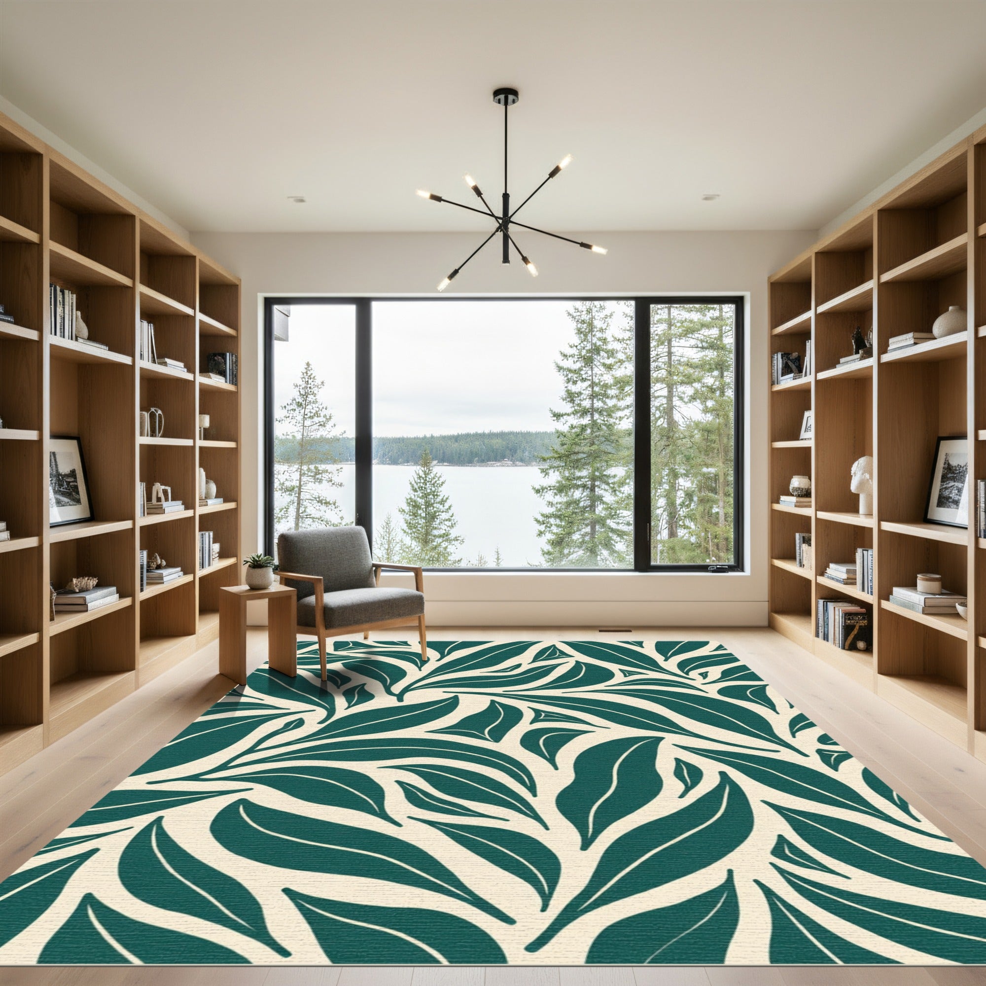 Deep Teal Botanical Leaf Swirl Rug