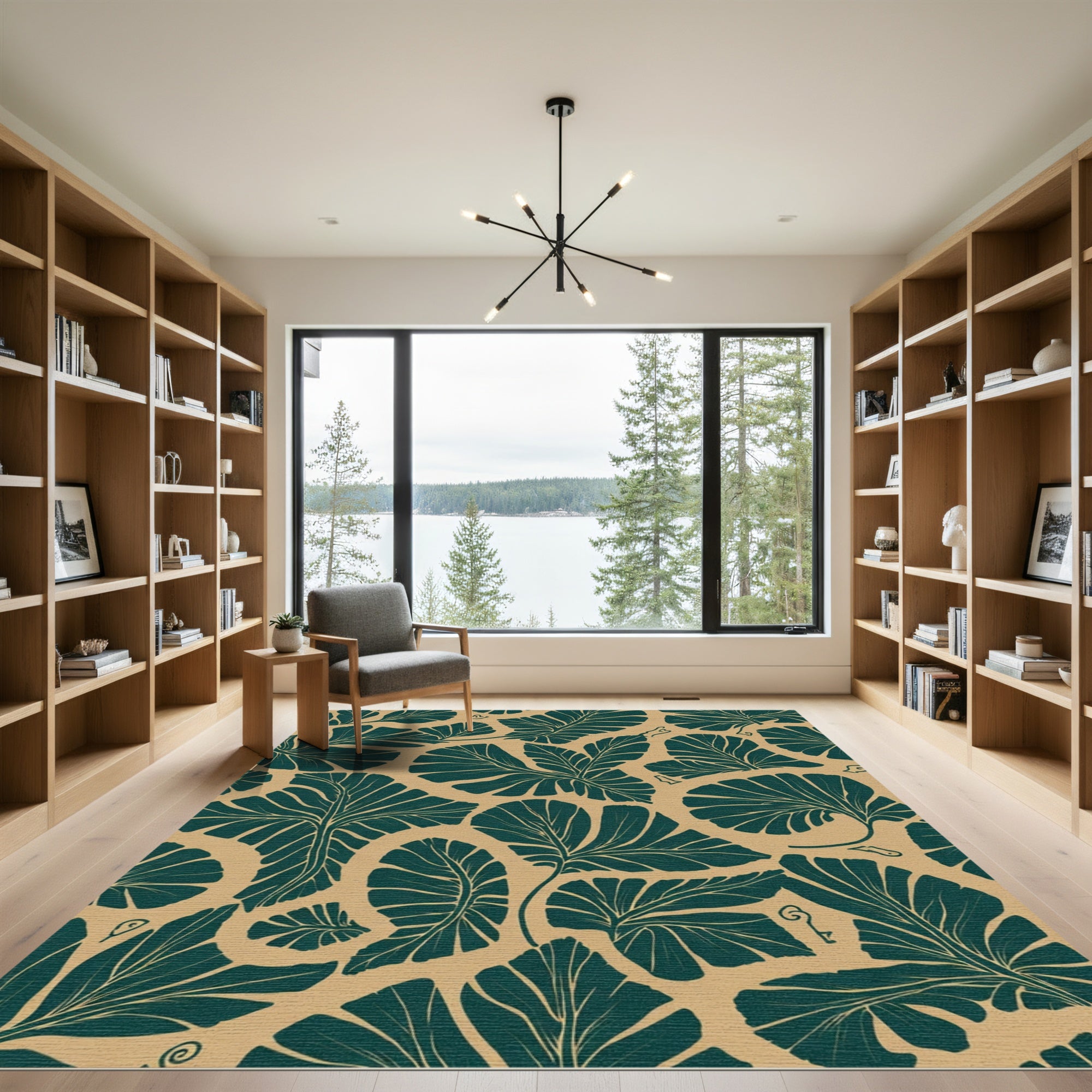 Lush Teal Fan Leaf Arrangement Rug