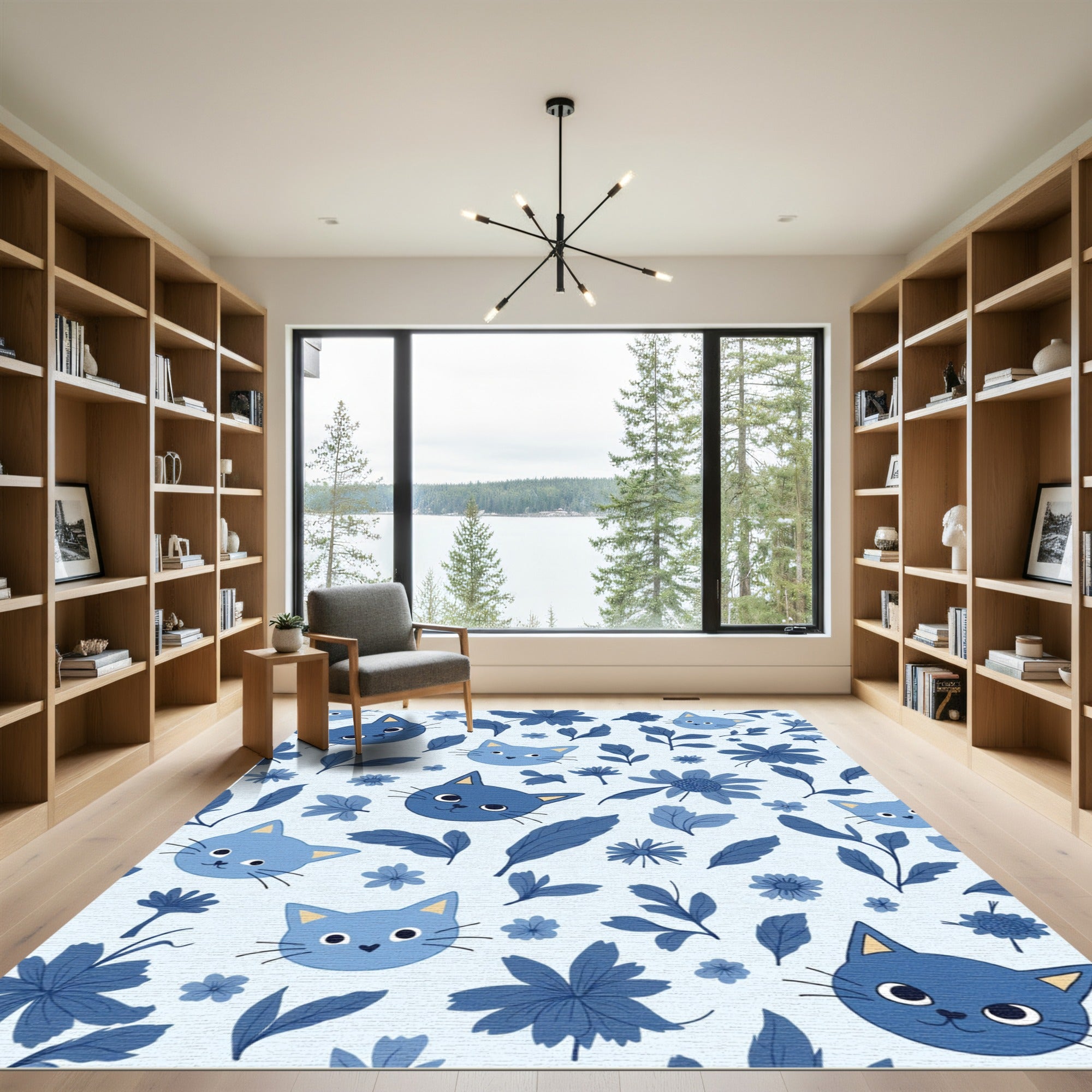 Blue Cats and Floral Harmony Rug