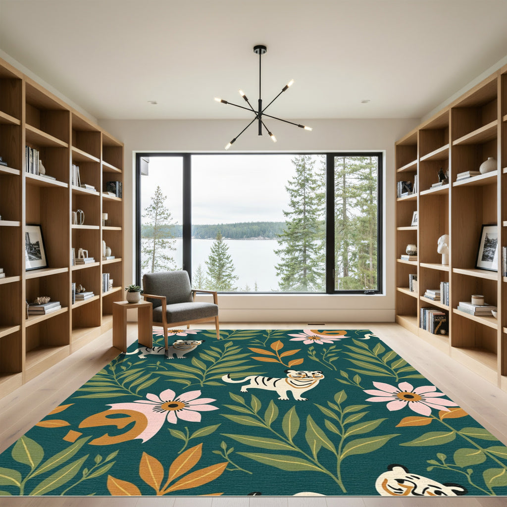 Whimsical Tiger Floral Forest Rug