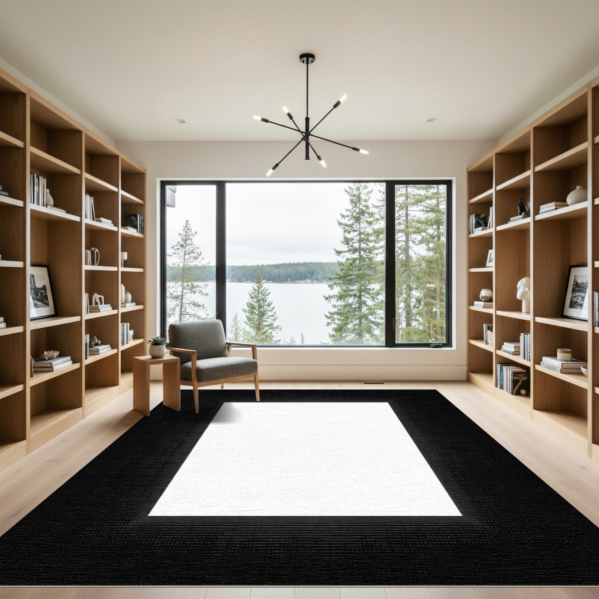 Black White Geometric Grid Frame Rug