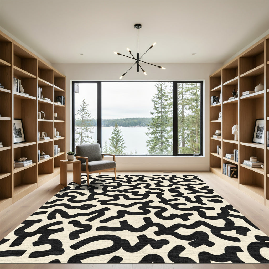 Abstract Black Organic Line Art Rug