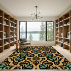 Gold Emerald Black Floral Damask Rug