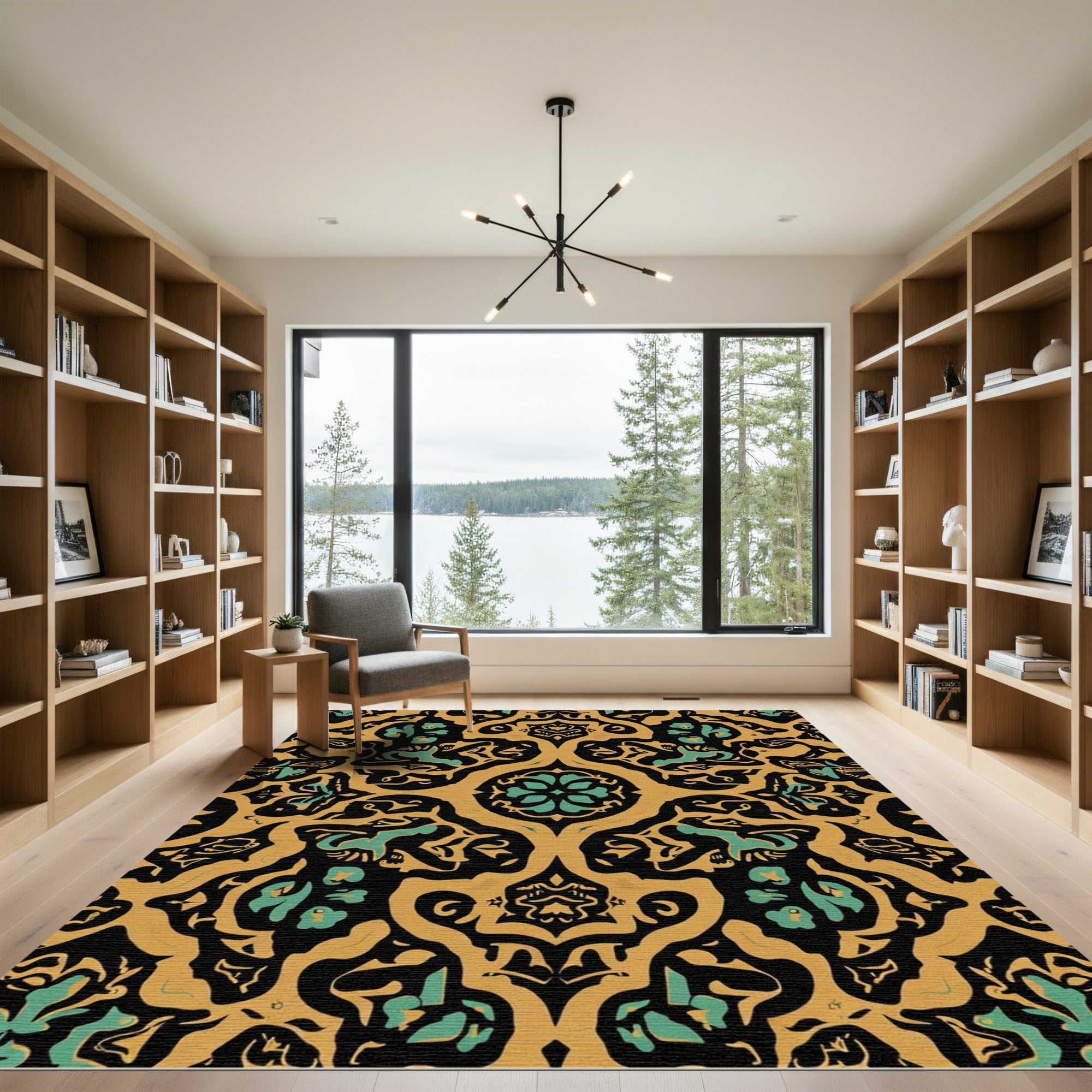 Gold Emerald Black Floral Damask Rug