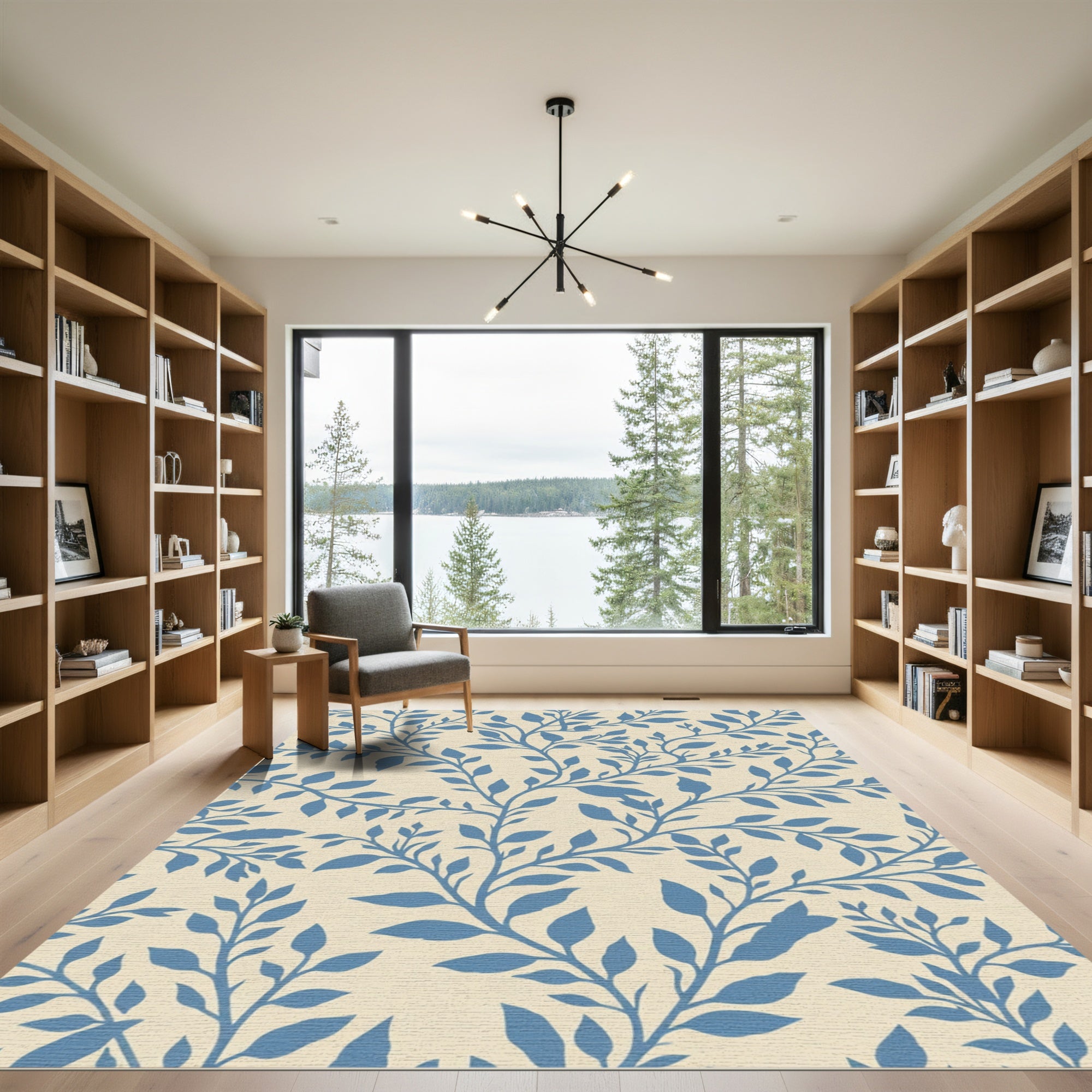 Blue Leafy Vine Cream Area Rug
