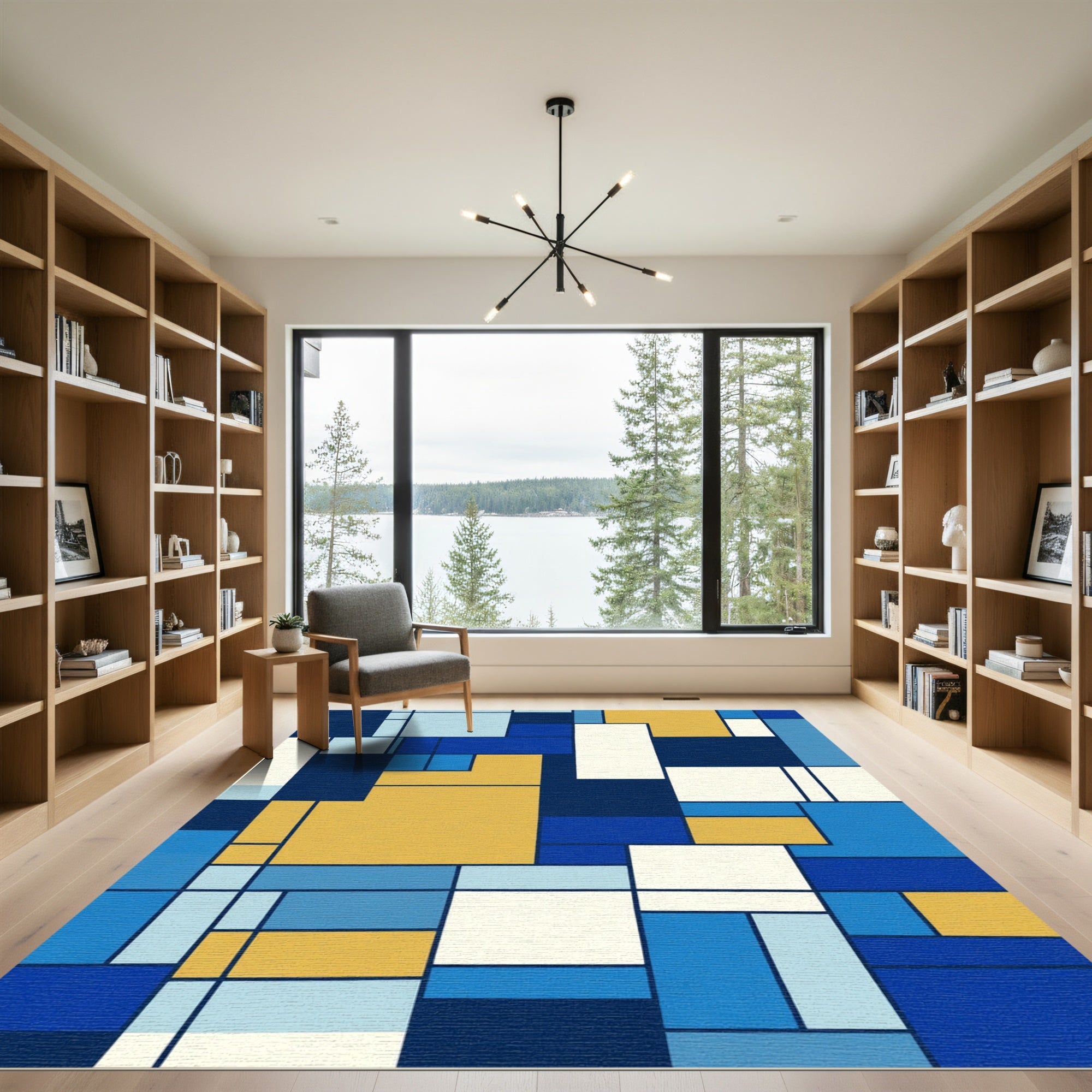 Blue Yellow Abstract Geometric Blocks Rug