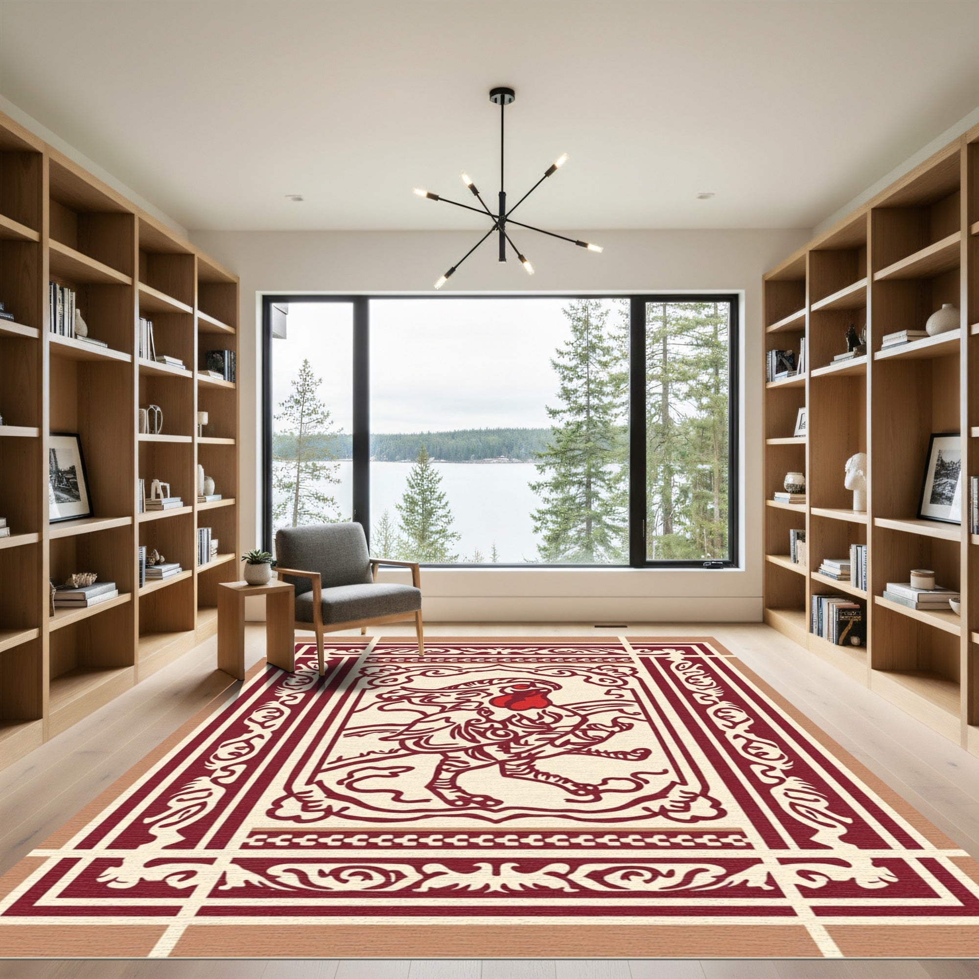Crimson Rooster Folk Art Rug