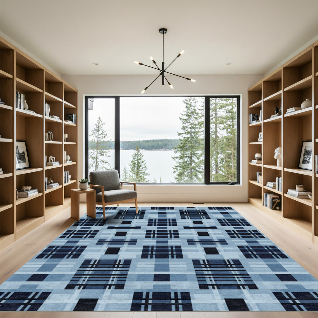 Deep Blue Plaid Grid Arrangement Rug