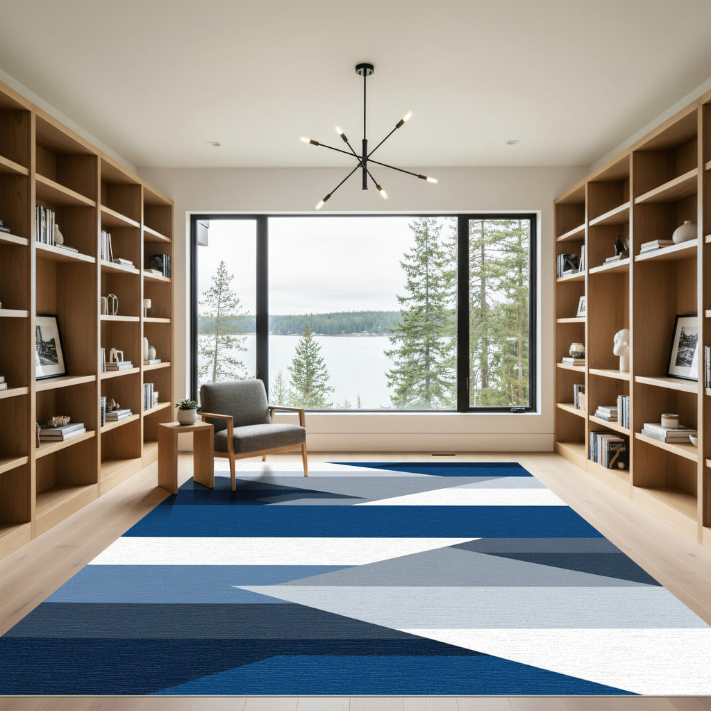 Deep Blue Geometric Abstract Blocks Rug