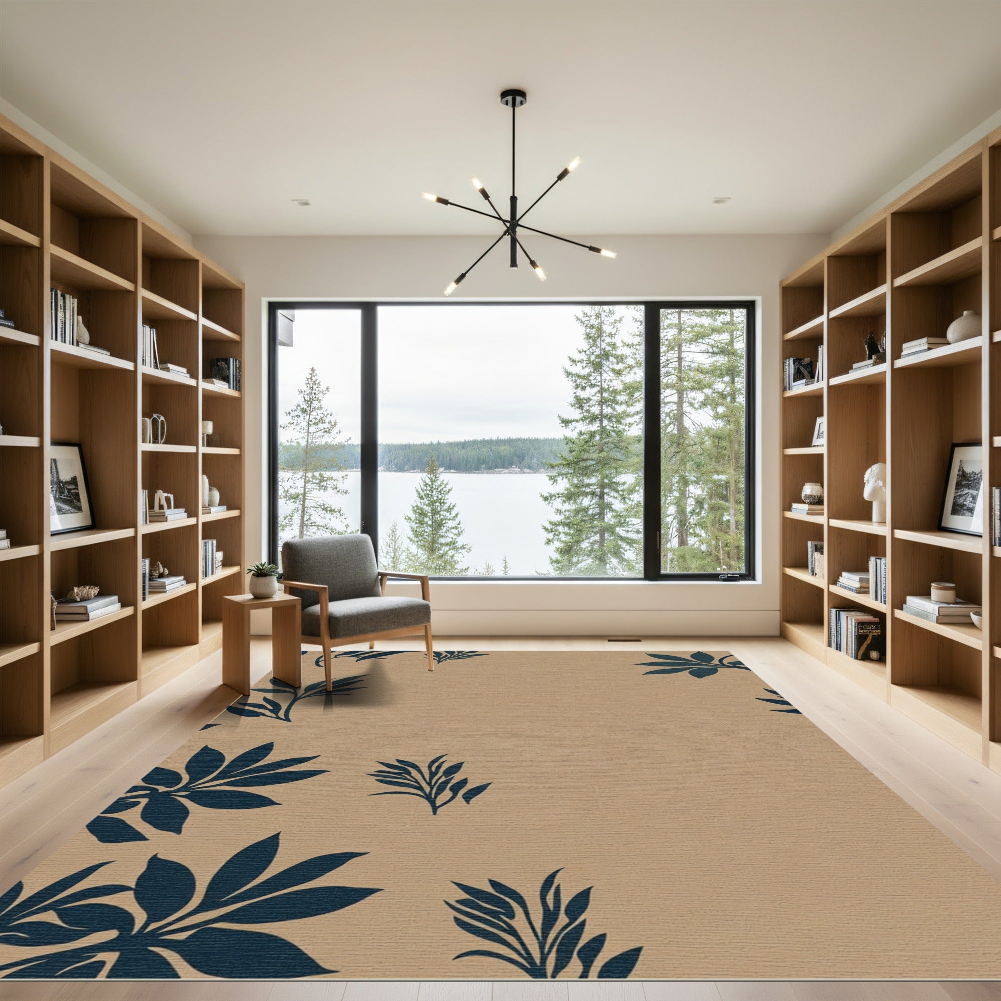 Deep Blue Botanical Branch Motif Rug