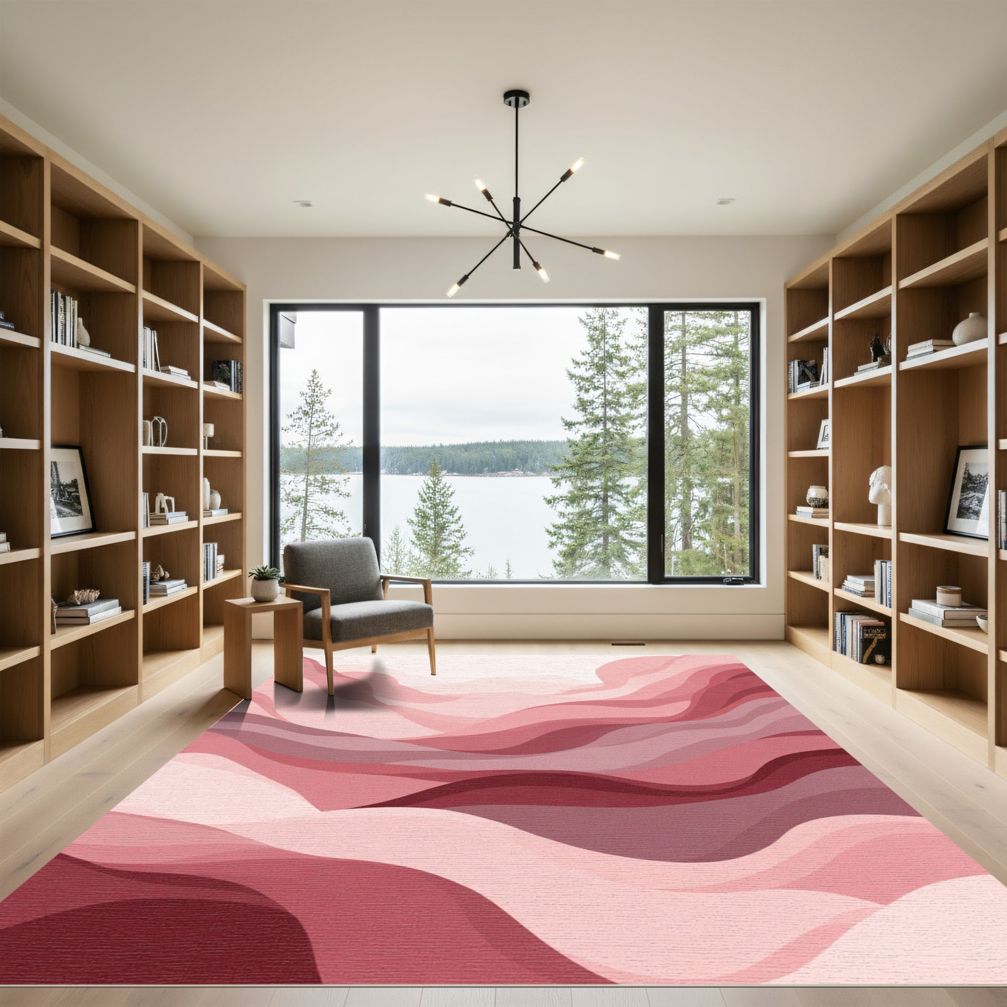 Crimson Layered Wave Landscape Rug
