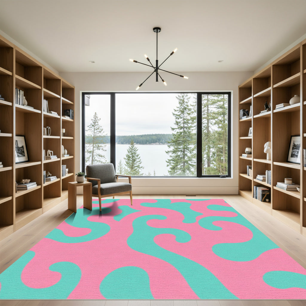 Abstract Swirl Aqua Pink Organic Rug