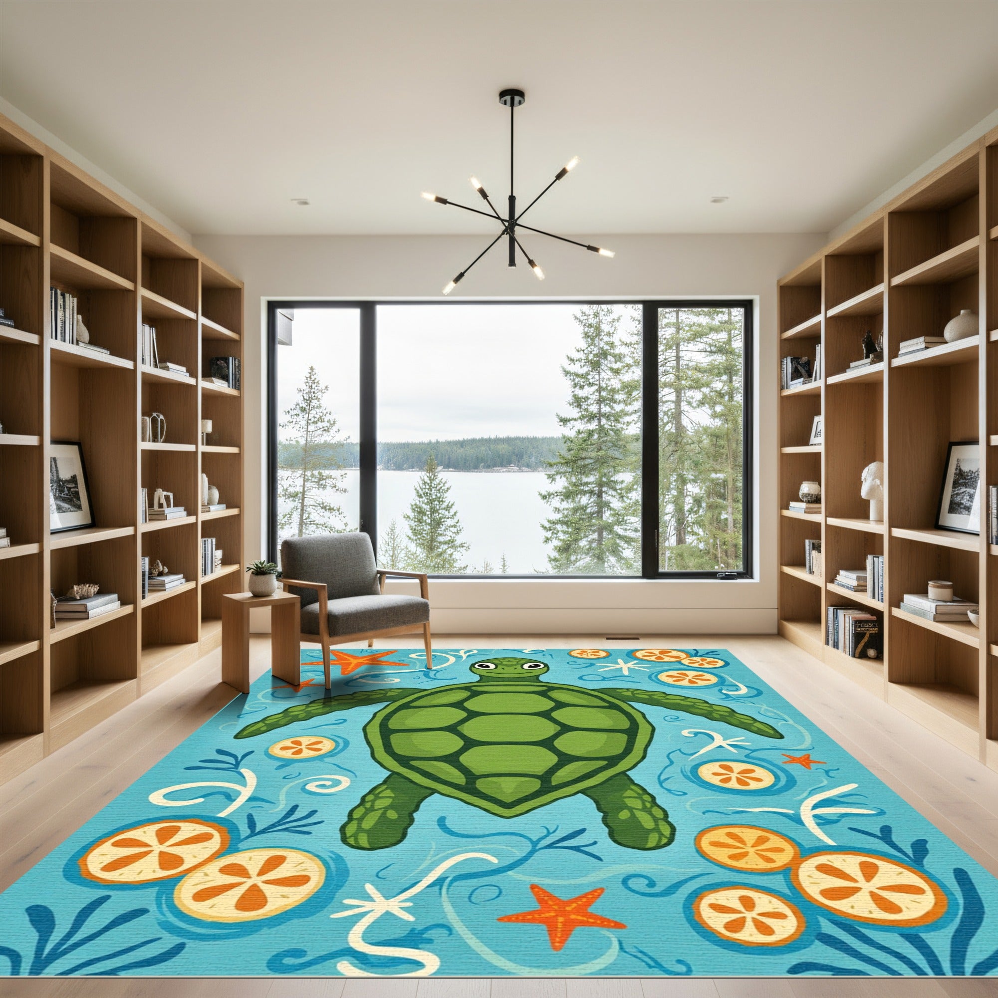 Playful Green Turtle Orange Slice Water Rug