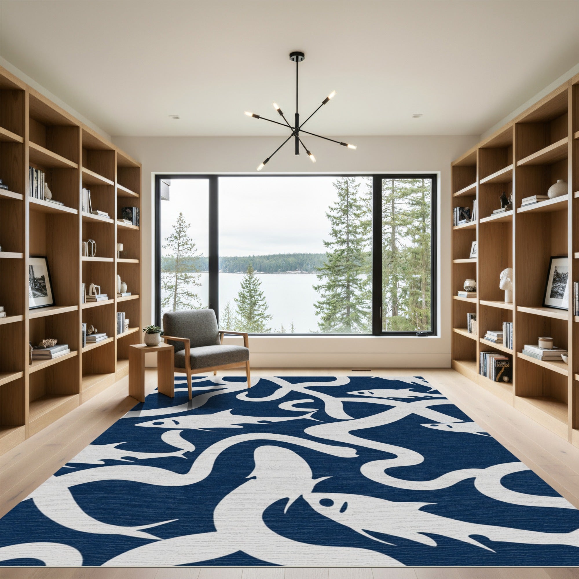 White Fish Navy Abstract Swirl Ruffle Rug