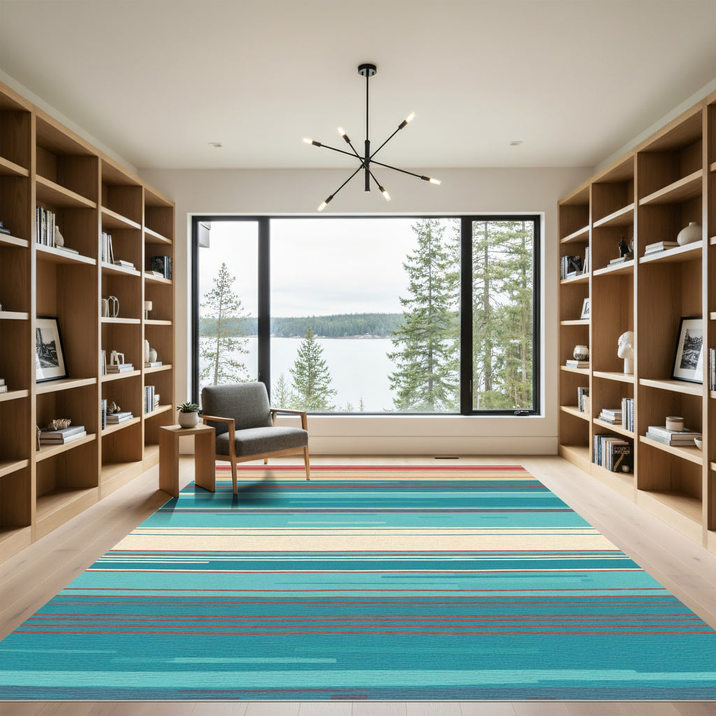 Coral Teal Cream Horizontal Stripe Rug