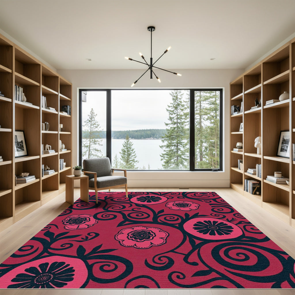 Crimson Floral Swirl Artwork Rug