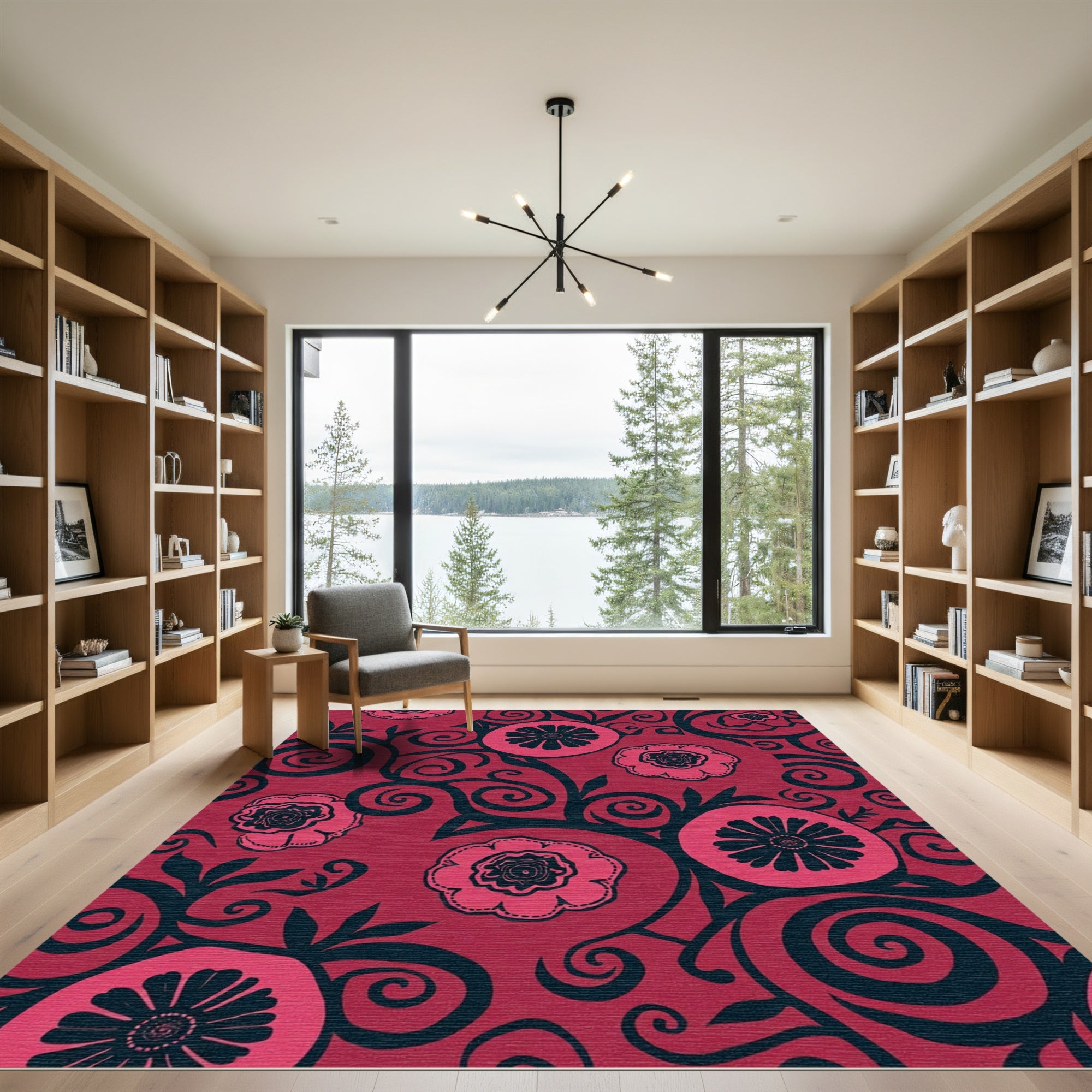 Crimson Floral Swirl Artwork Rug