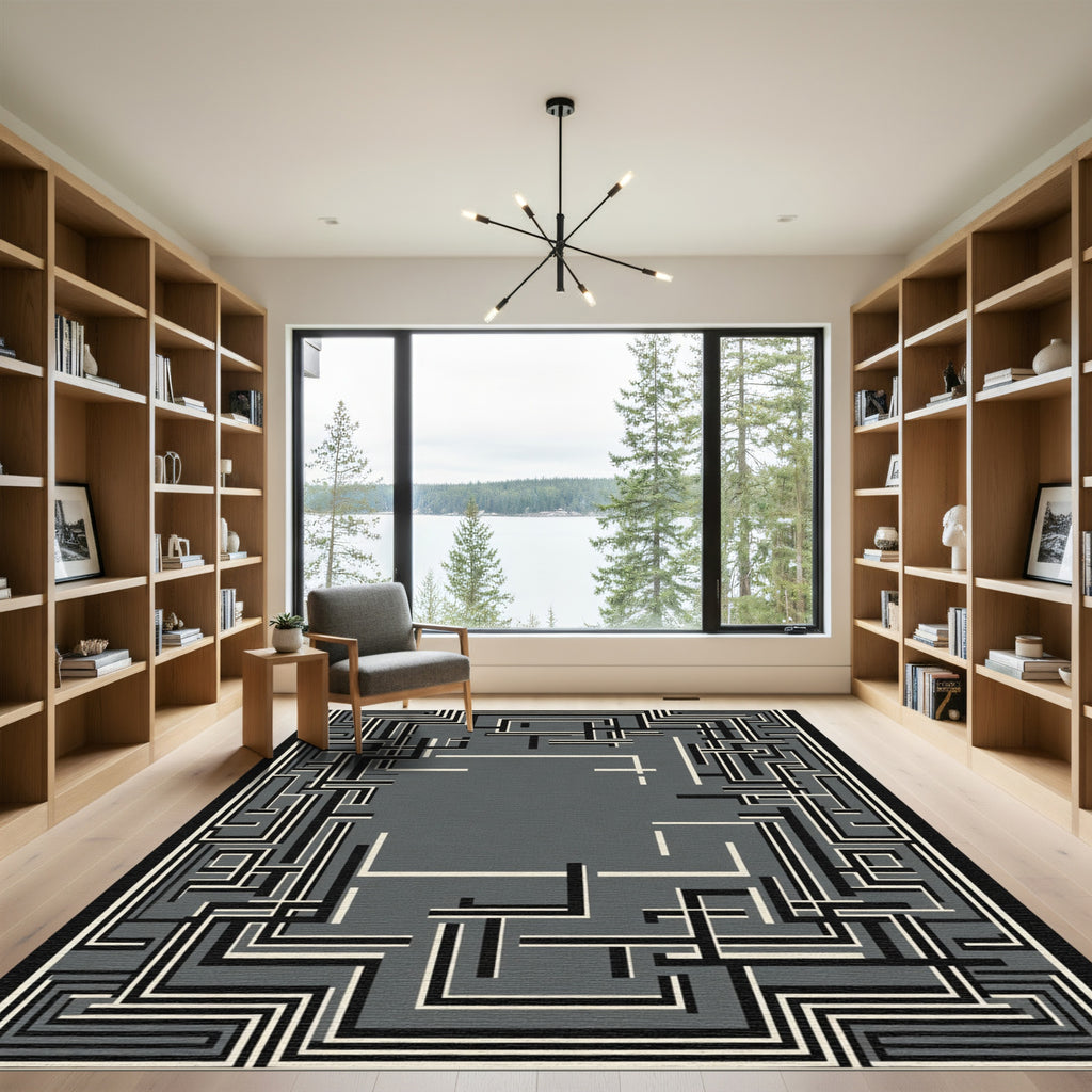 Black White Gray Geometric Maze Rug