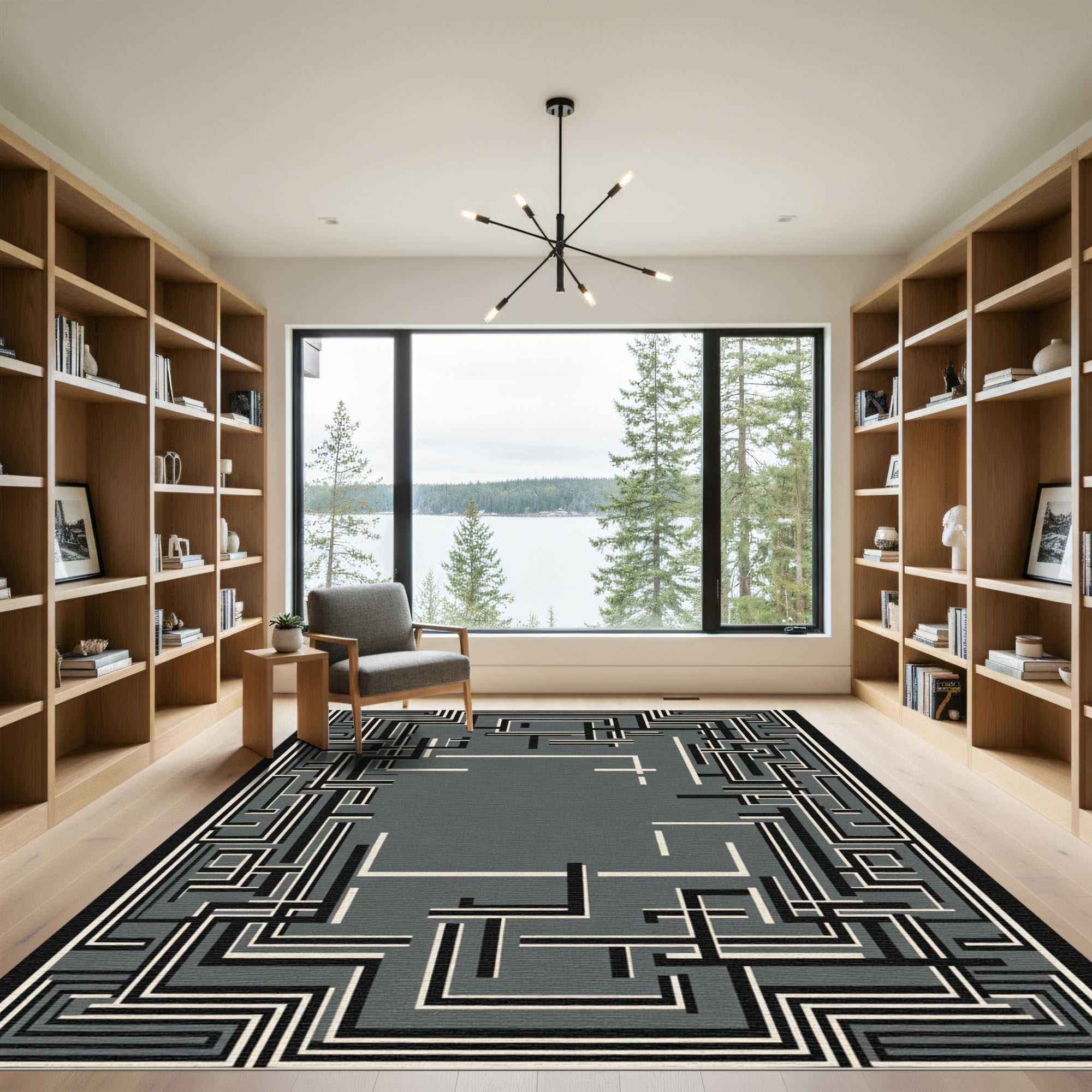 Black White Gray Geometric Maze Rug