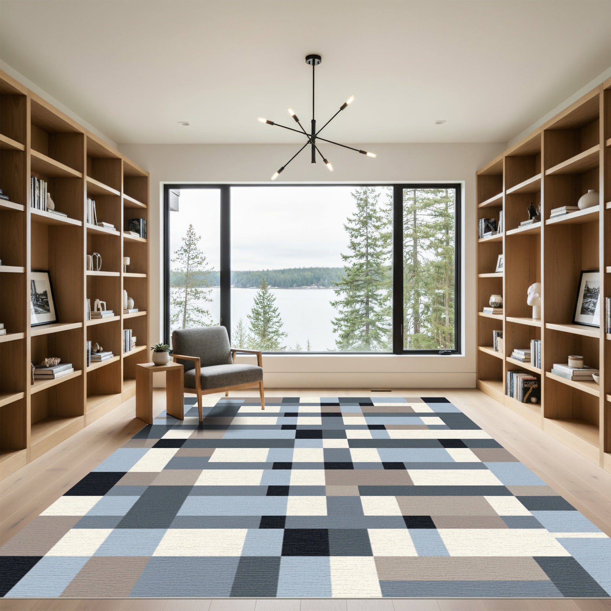 Gray Blue Tan Geometric Blocks Rug