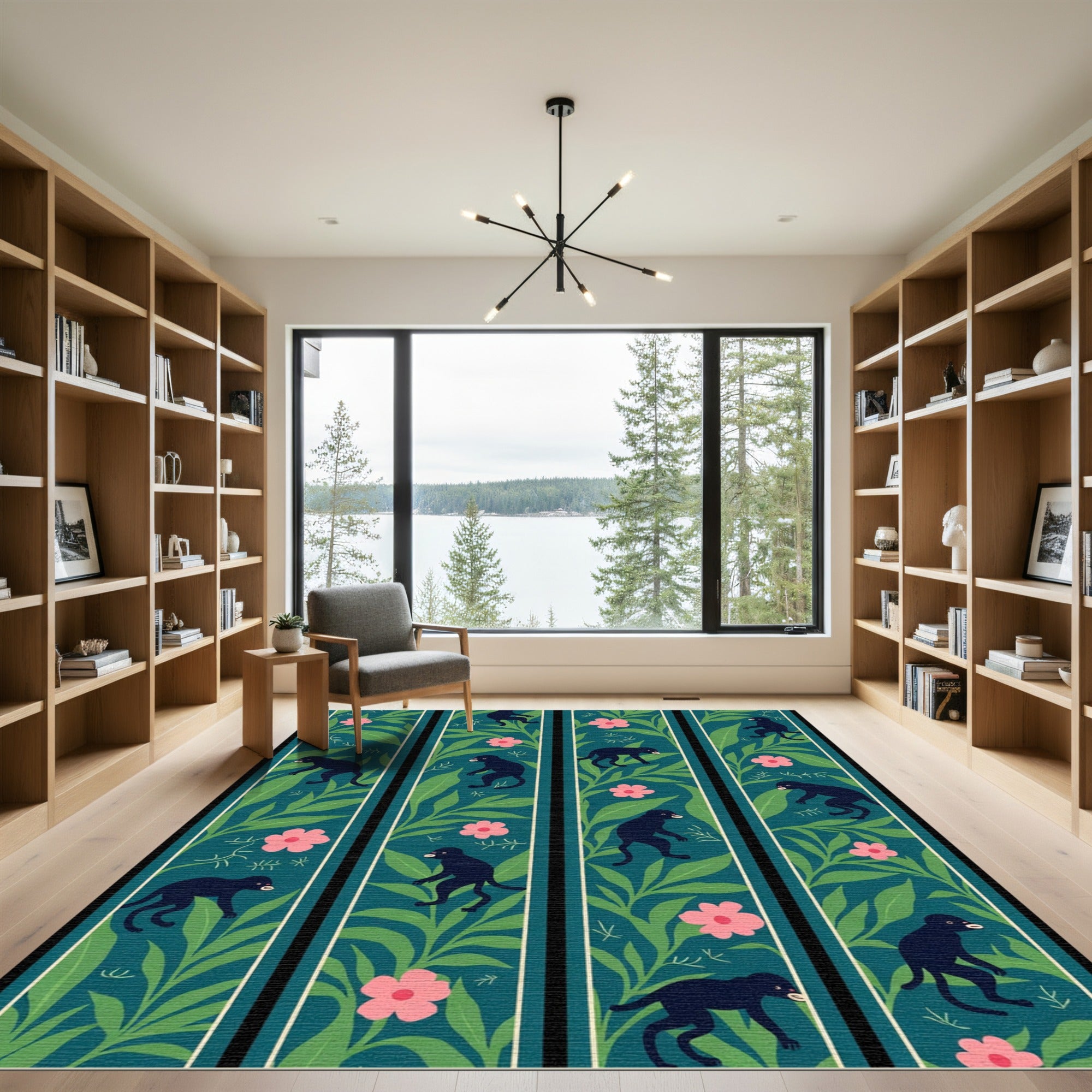 Dark Blue Pink Jungle Monkey Stripes Rug
