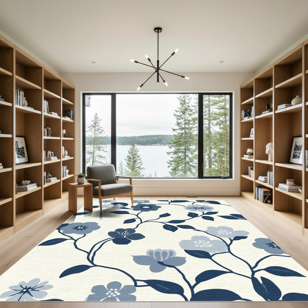 Navy Floral Vines Cream Background Rug