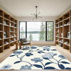 Navy Floral Vines Cream Background Rug