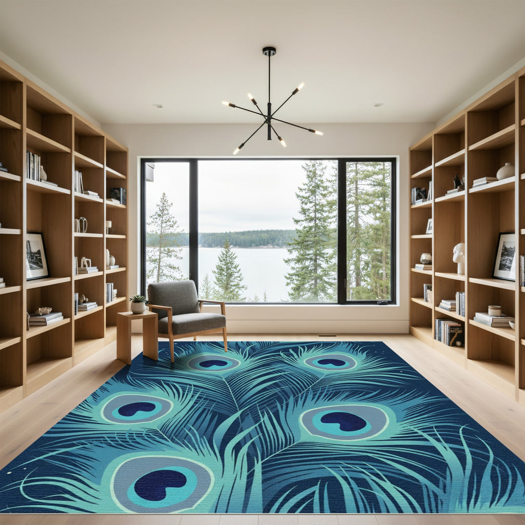 Deep Blue Peacock Feather Arrangement Rug