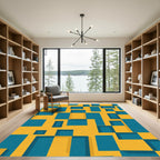 Geometric Cubist Yellow Teal Abstract Rug
