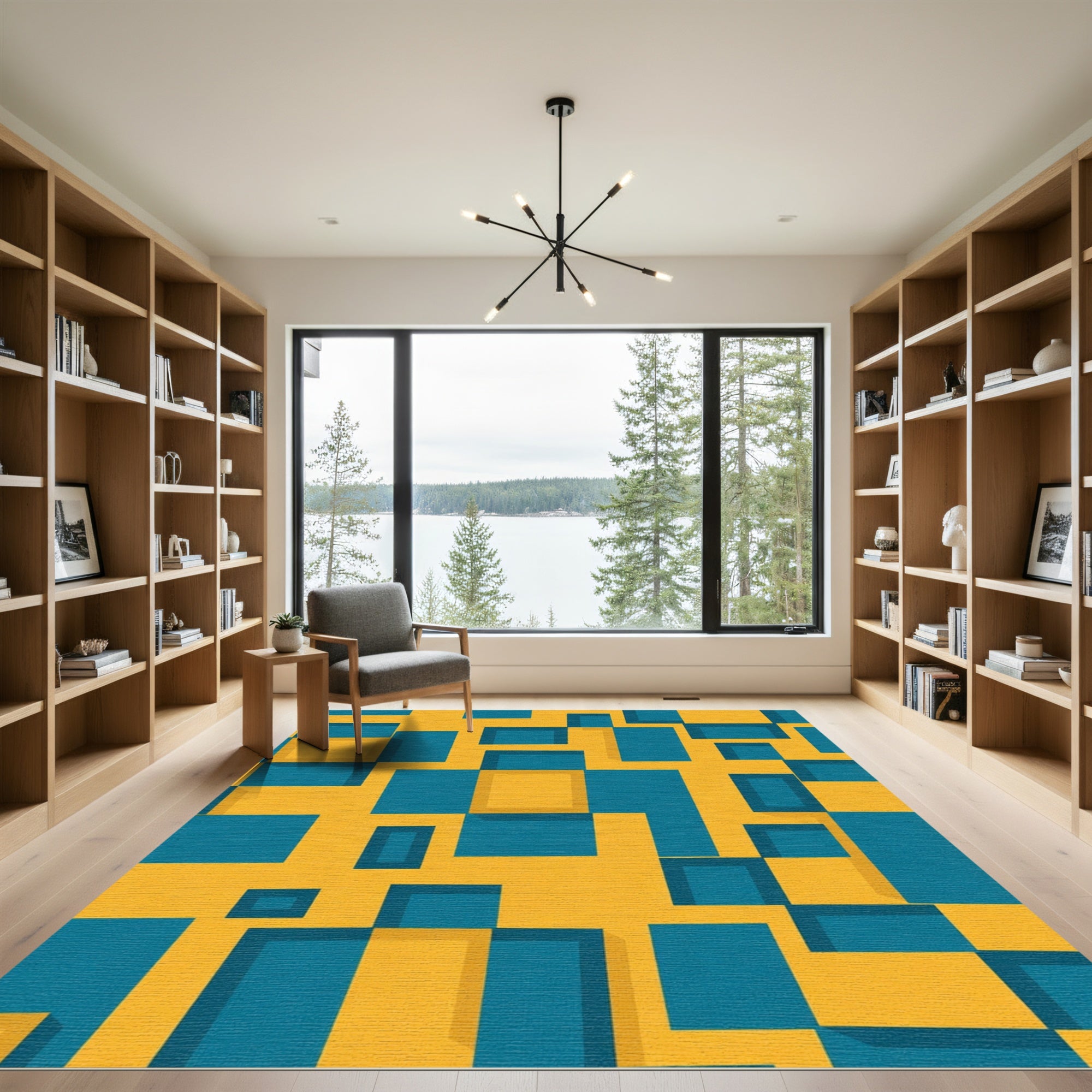 Geometric Cubist Yellow Teal Abstract Rug