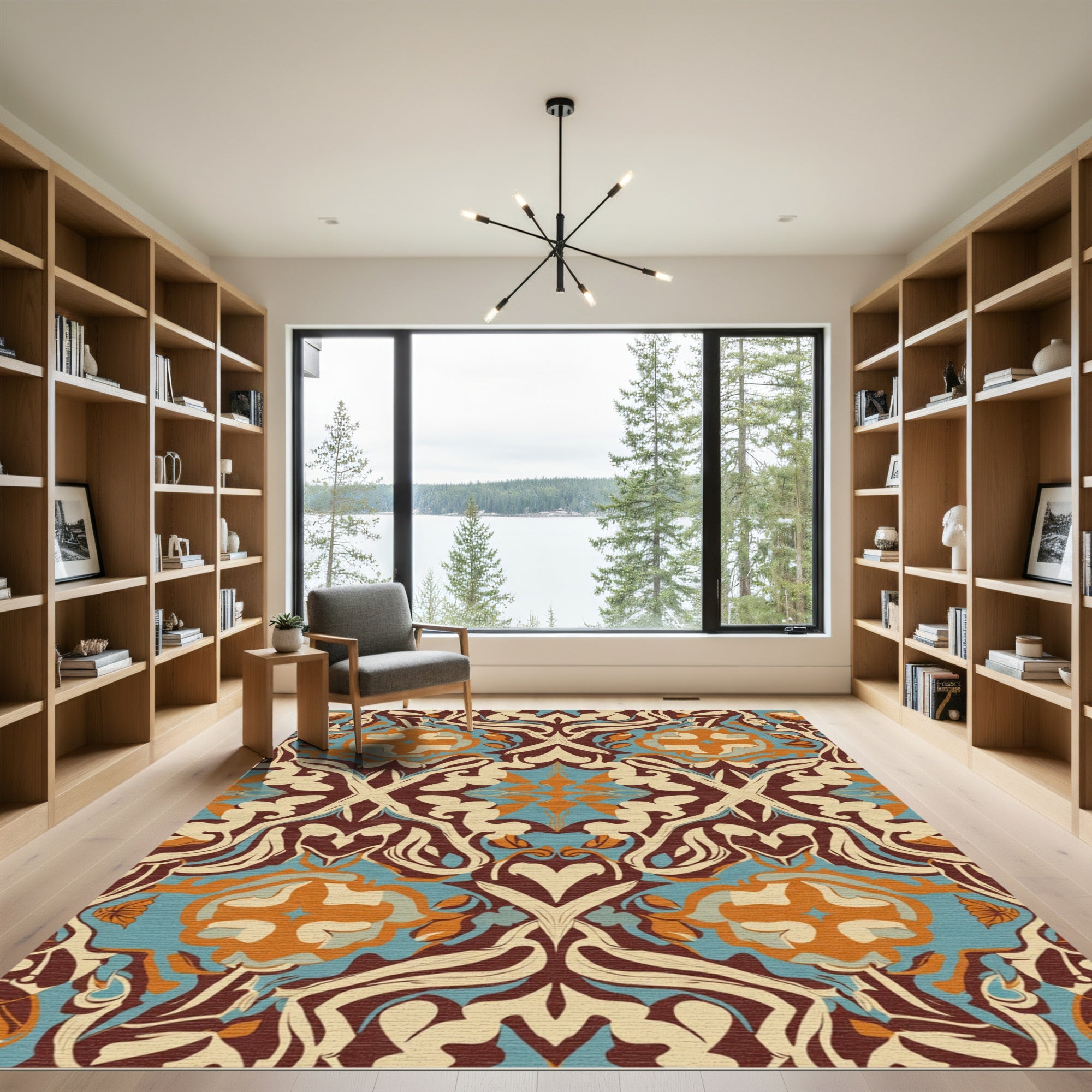 Ornate Teal Orange Floral Swirls Rug