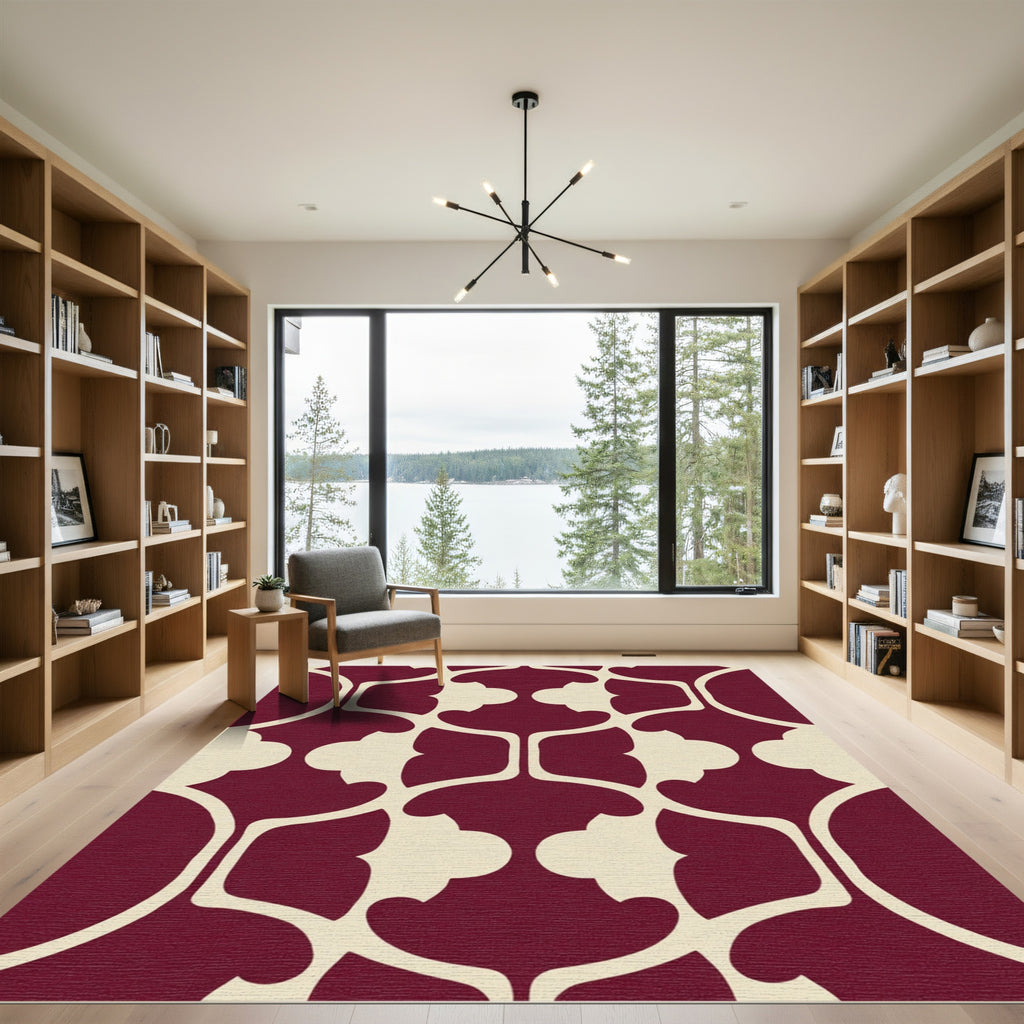 Deep Burgundy Cream Lattice Arabesque Rug