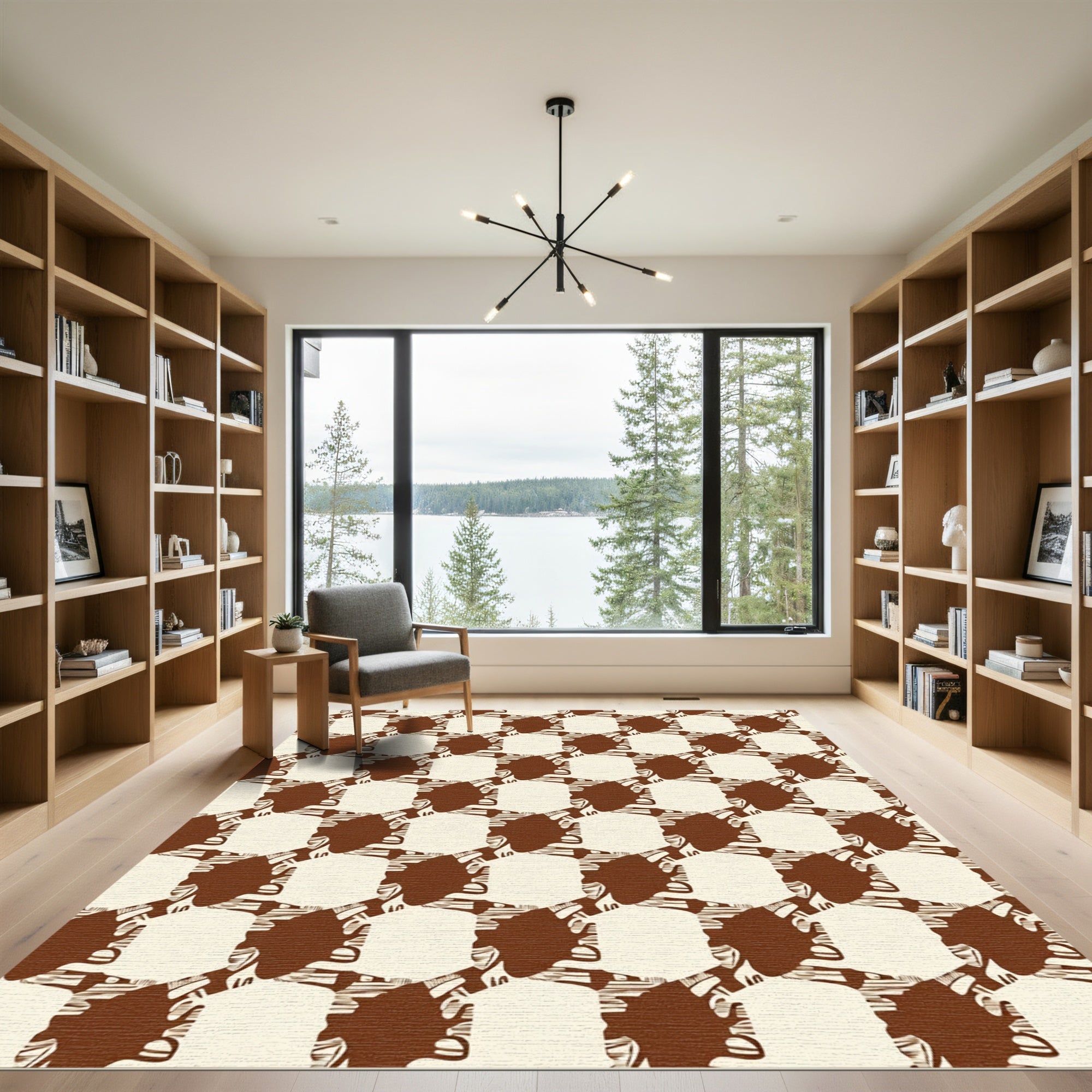 Brown White Cubes Distorted Pattern Rug