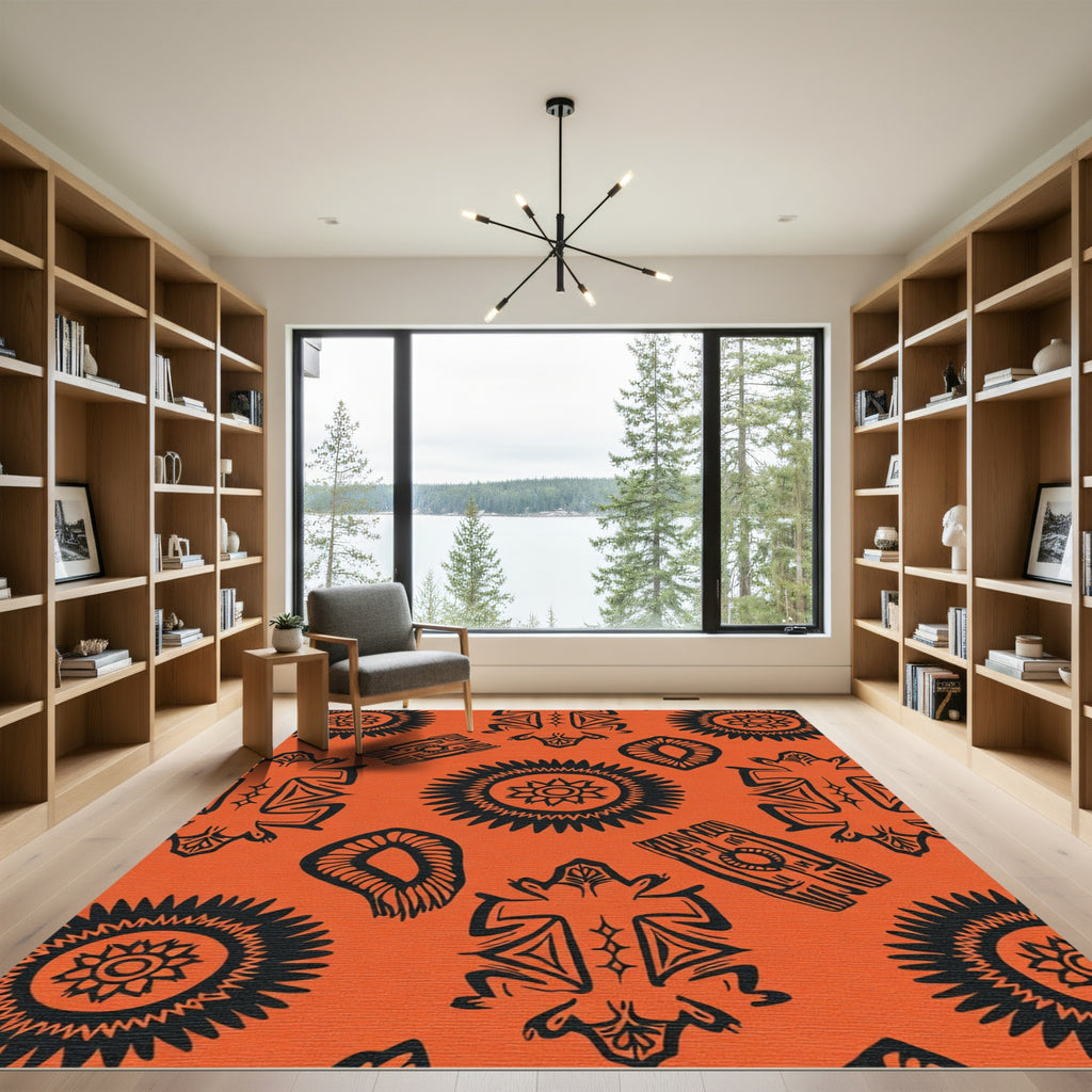 Bold Black Tribal Sunburst Orange Rug