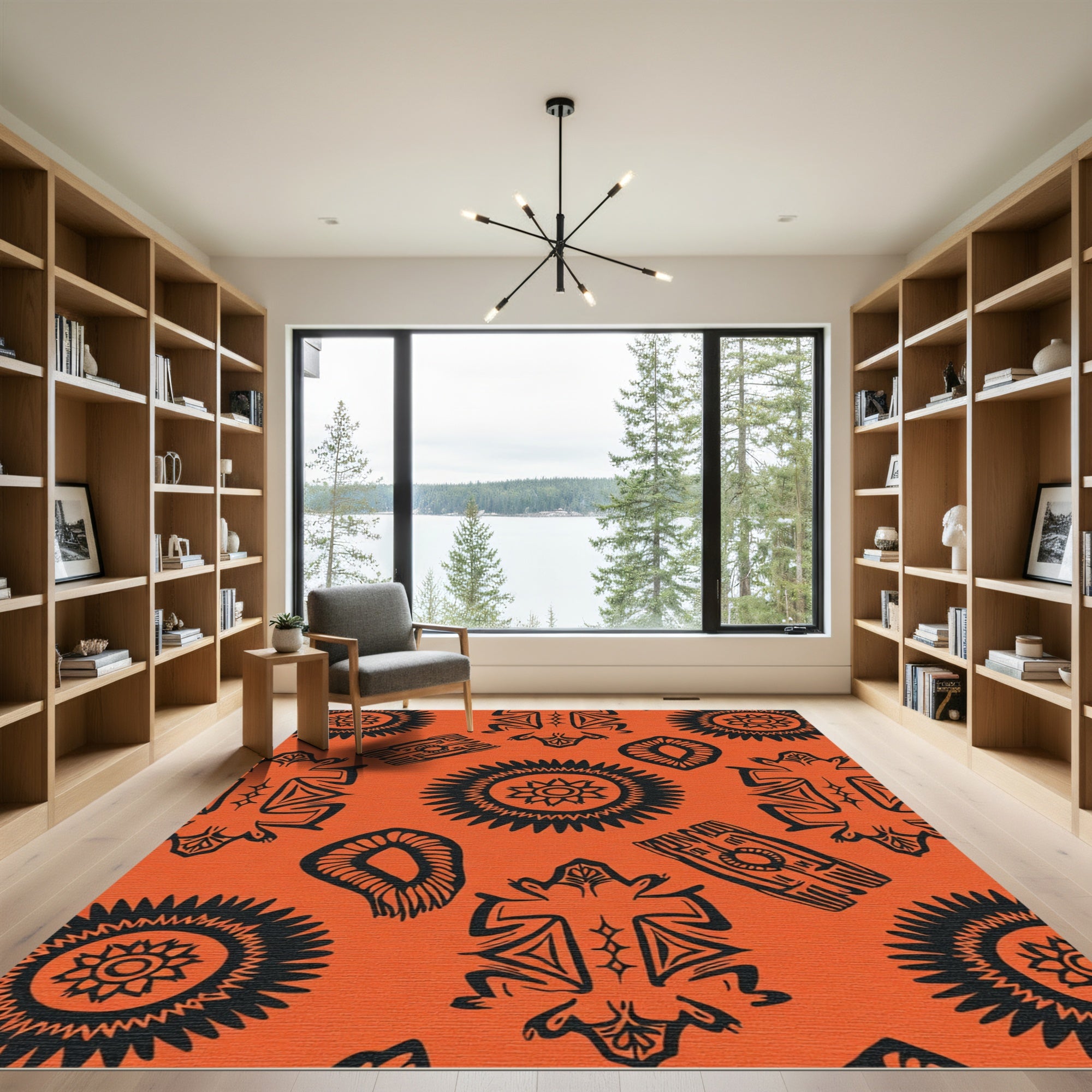 Bold Black Tribal Sunburst Orange Rug