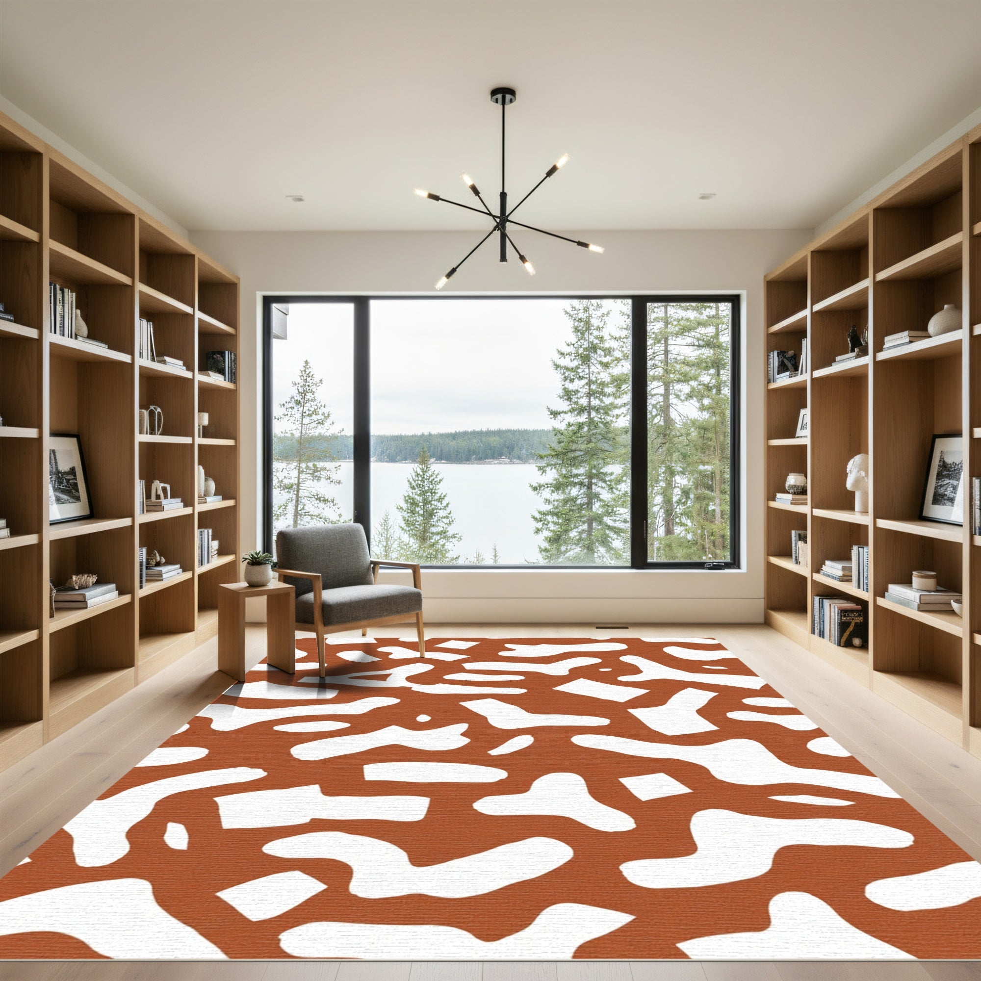 Terracotta White Abstract Organic Shapes Rug