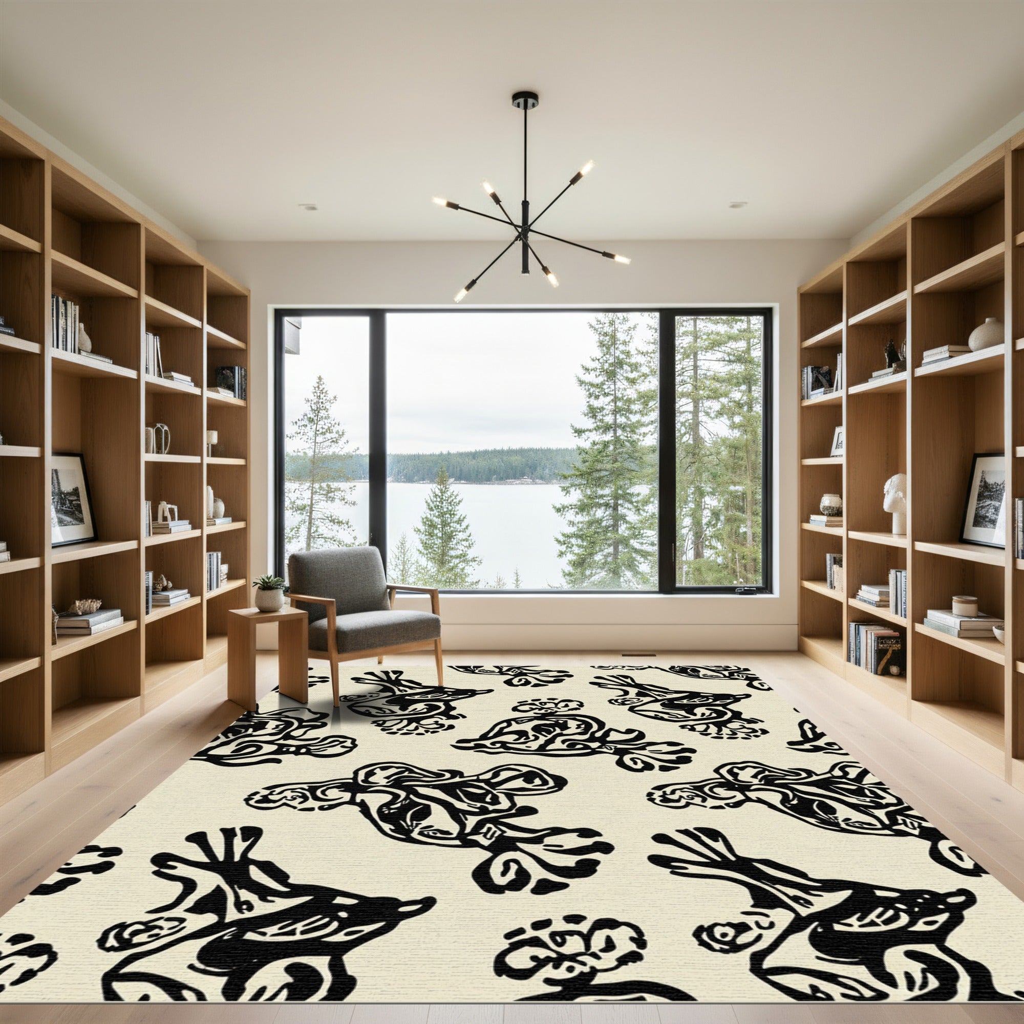 Black Cream Abstract Bird Art Rug