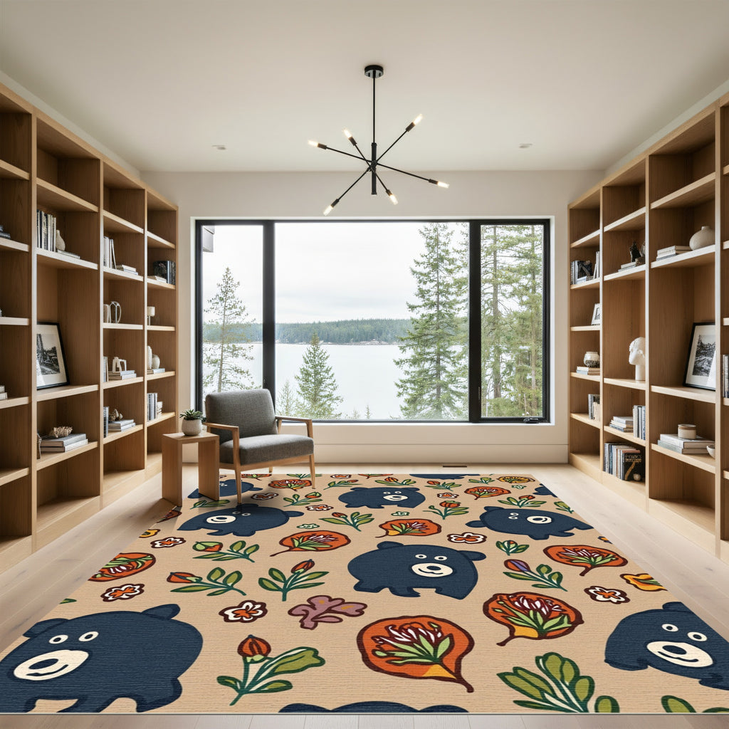 Whimsical Black Bear Floral Field Rug