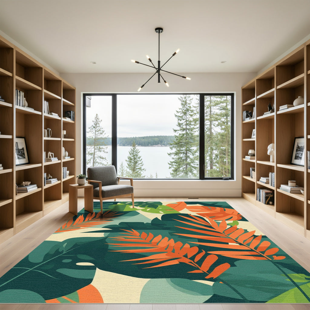 Vibrant Orange And Green Jungle Leaves Rug