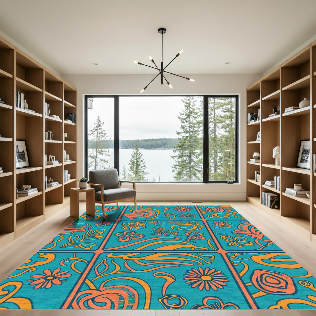 Retro Teal Orange Floral Swirl Rug